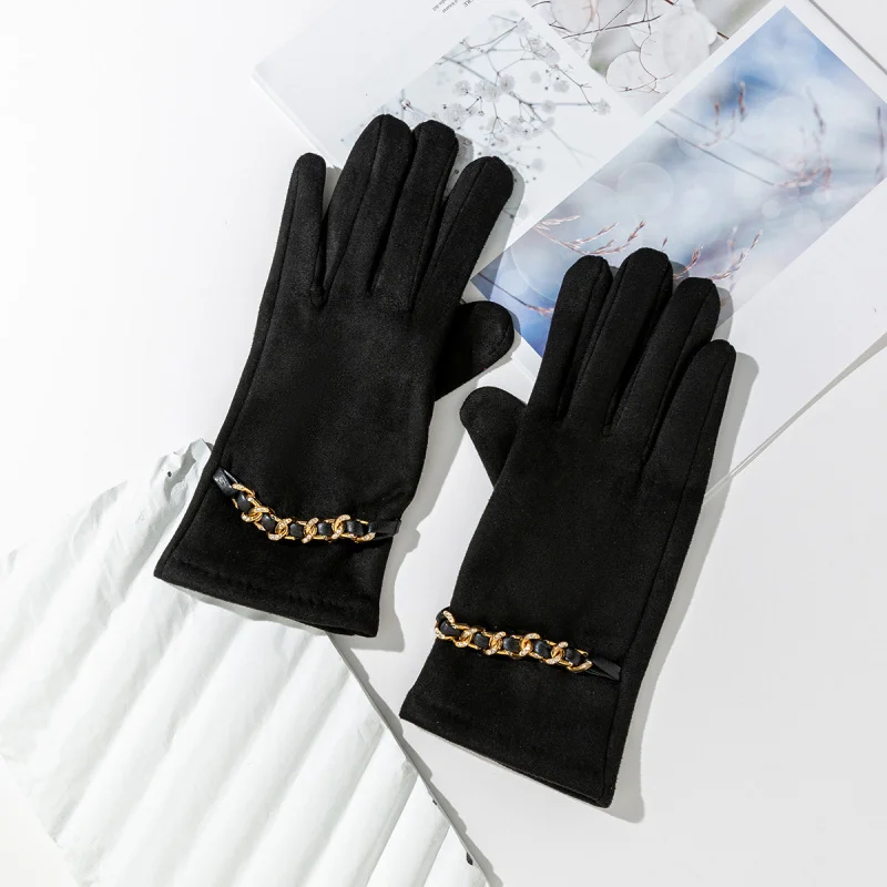 New Chain Women's Fleece-lined Autumn and Winter Windproof Coldproof Warm Gloves Cycling and Driving Touchable Screen Five Finge