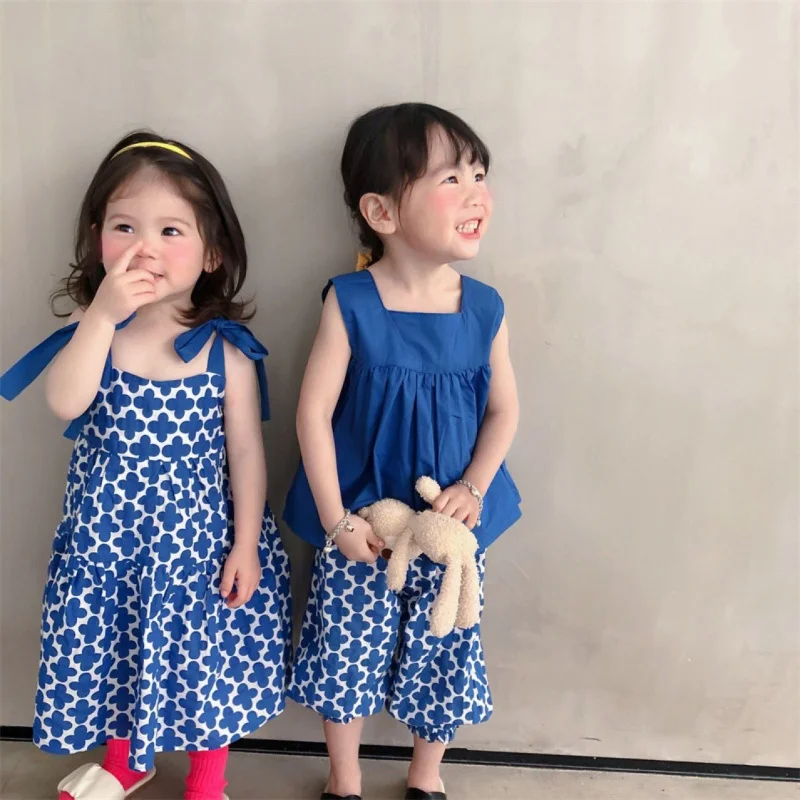 

2025Summer New Girls' Blue Clover Strap Princess Dress with Mosquito-Repellent Pants+Vest suit
