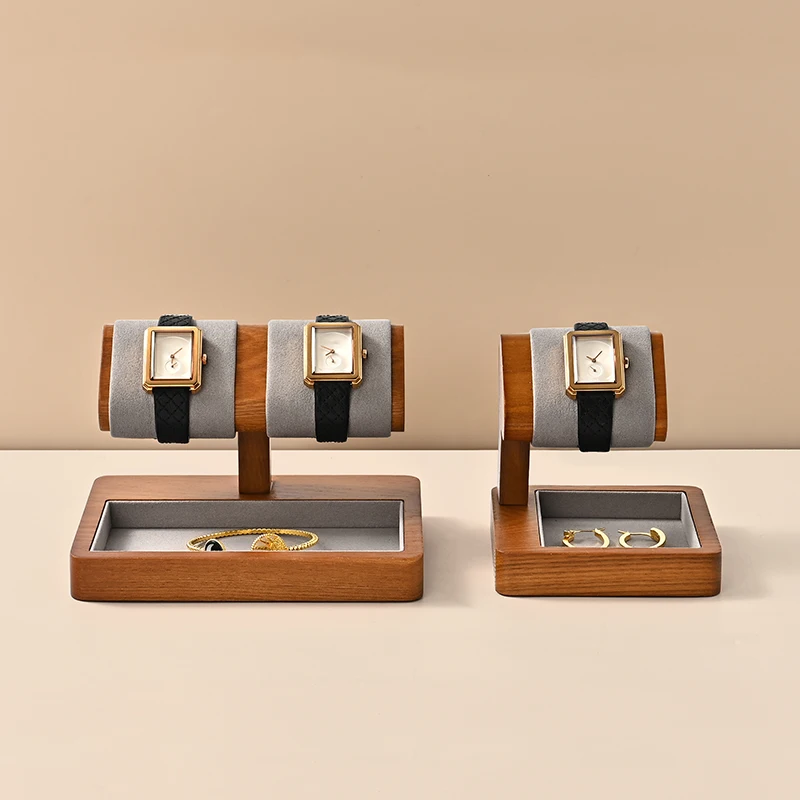 Oirlv Retro Wooden Watch Holder Display Ring Organizer Multi-Function Flannel Jewelry Display  Solid Wood Watch Stand Walnu