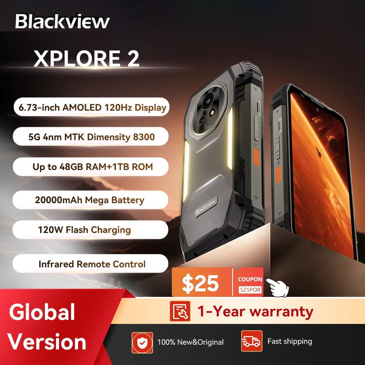 Robustes Blackview XPLORE 2 5G-Smartphone, 6,73 Zoll AMOLED-Display, 20.000 mAh Akku, 120 W Schnellladung, 50-MP-Kamera, Outdoor-Handy