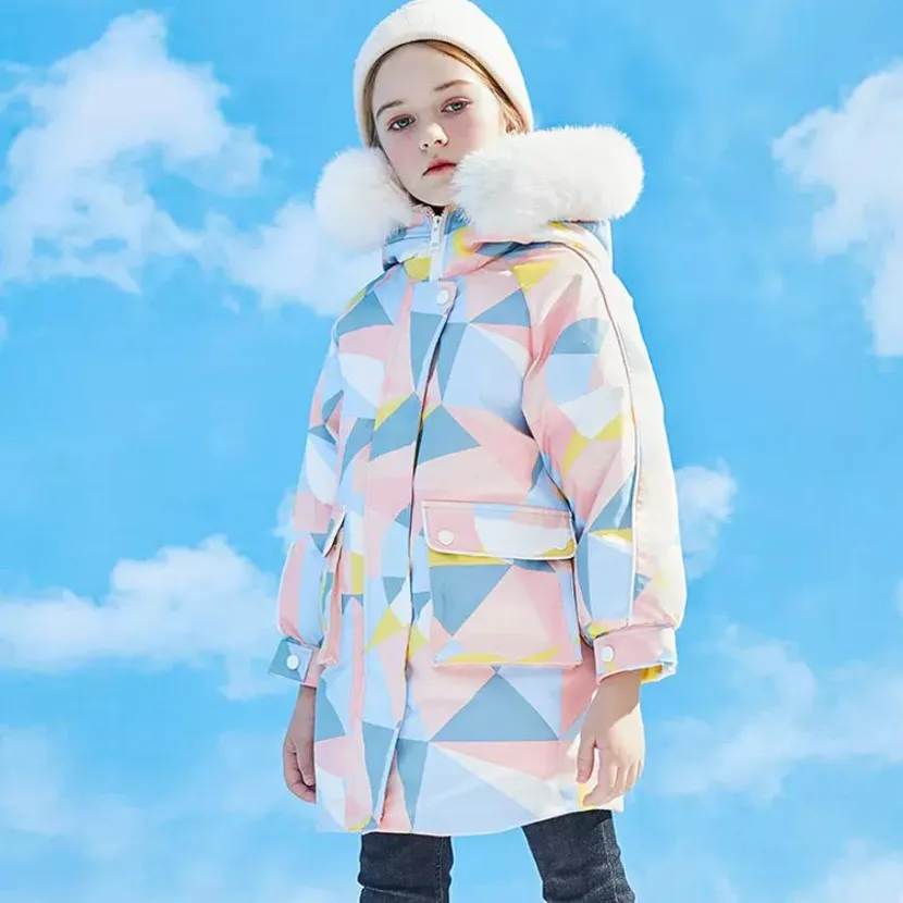 Girls Print Coats Parkas New Windproof Warm Hooded Outerwear Children Down Jacket Cold Winter A2021