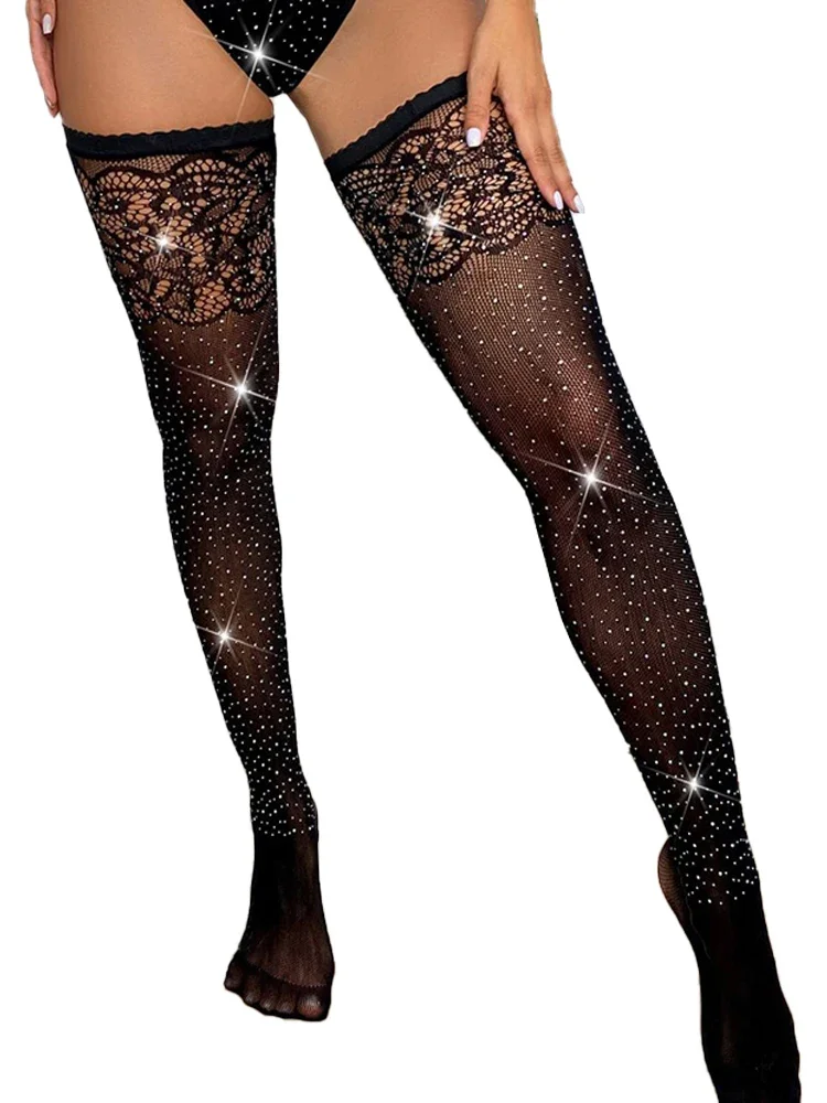 

Rhinestone Fishnet Thigh High Socks for Women, Sexy Black Lingerie Stockings with Glitter (69 characters)