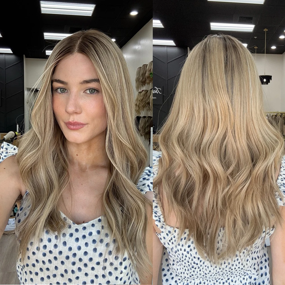 

Long Wavy Balayage Blonde Synthetic Soft Fiber 13x4 Lace Front Wig Blonde Highlights Brown Natural Roots Glueless Wigs for Girls