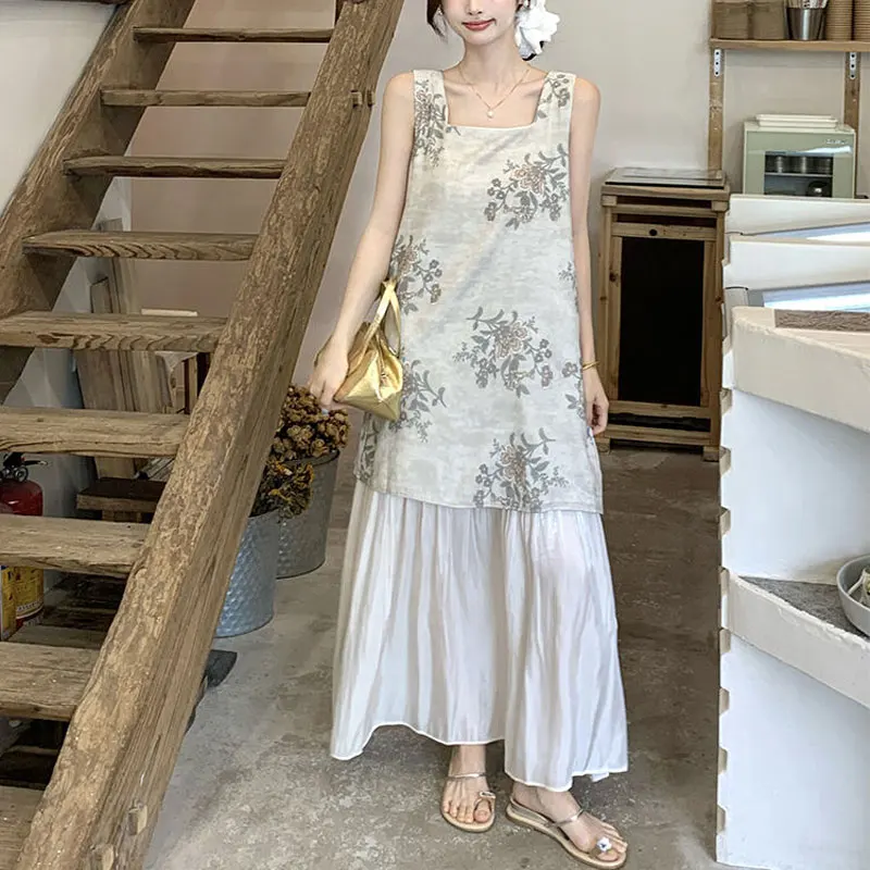 Folk Vintage Floral Printed Dresses Summer Stylish Patchwork Women's Clothing Square Collar Casual Straight Slip Long Dress New