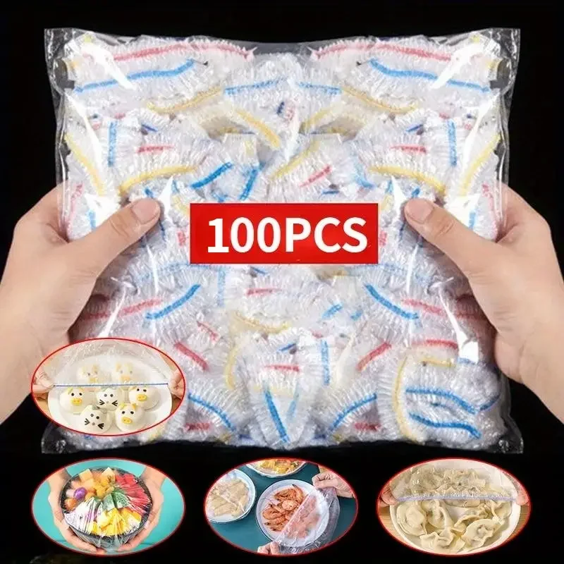 100pcs Disposable Food Cover Saran Wrap Bowel Cover Food Grade Fresh-keeping Plastic Bag Kitchen Storage Accessories