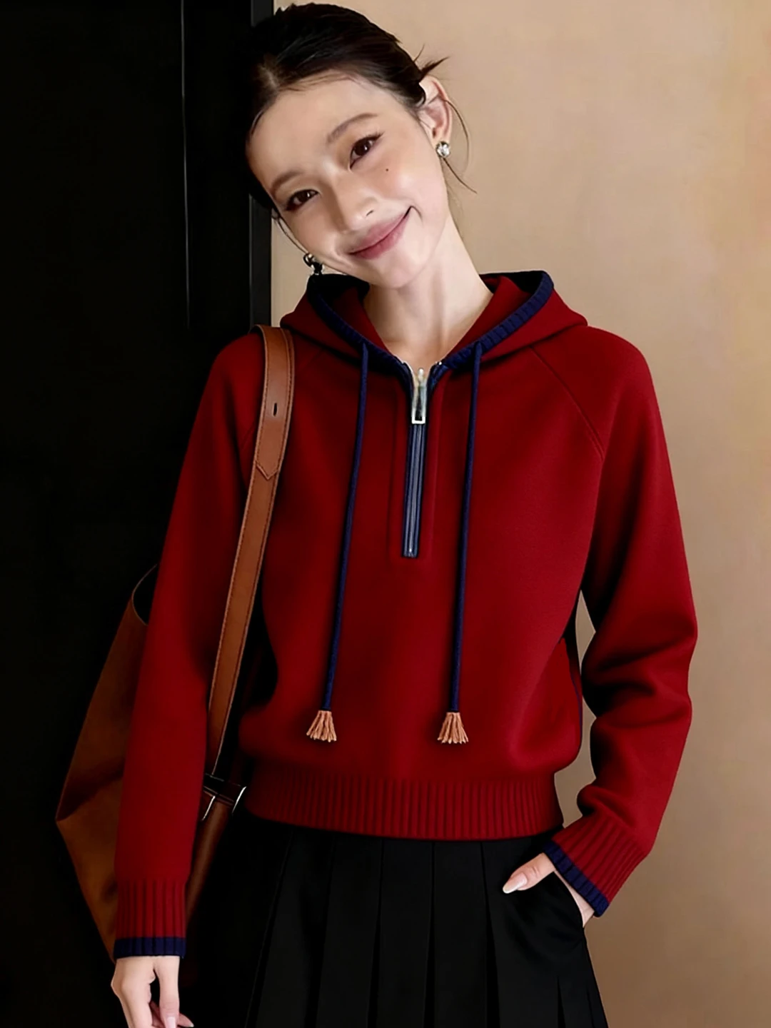 

Корейский вязаный свитер с капюшоном и молнией для женщин, ранняя весна, осень-зима, универсальный, приталенный, премиум-класса