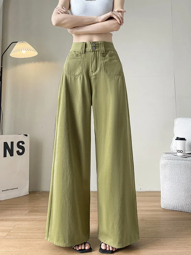 

Summer Womens Jeans High Waist Green Korean Fashion Streetwear Straight Pants Baggy Casual Vintage Ladies Wide Leg Denim Trouser
