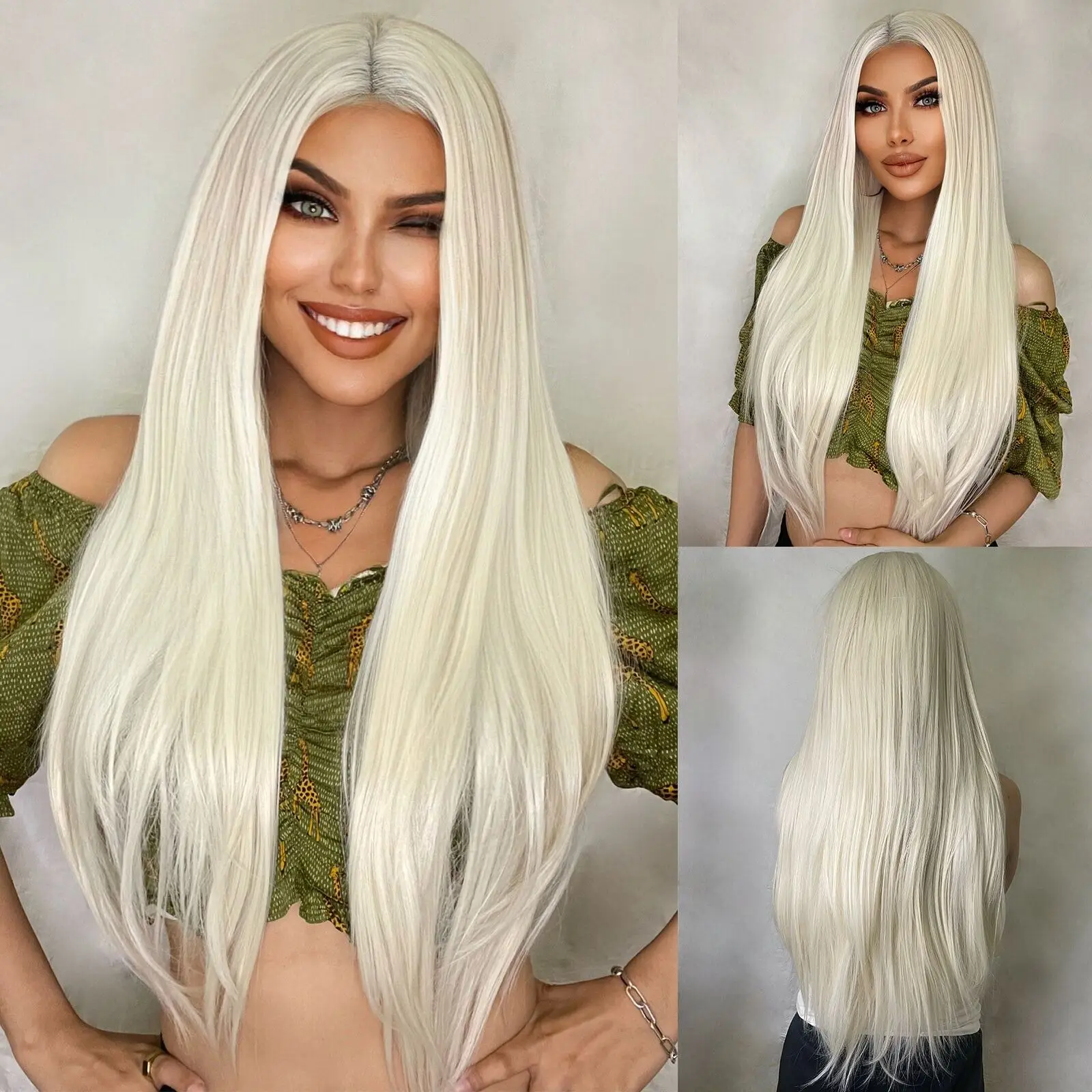 

Soft Natural Heat Resistant Platinum blonde Dress Up Wigs Long Straight