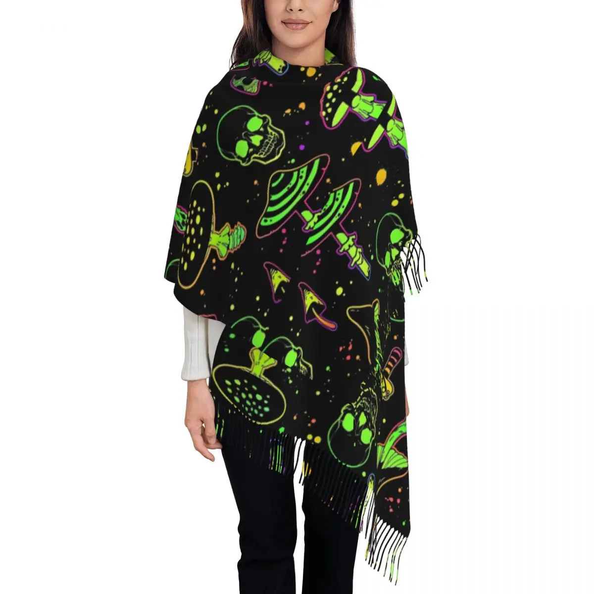 Psychedelic Neon Mushrooms Skull Shawl Wrap Womens Warm Single-sided Pattern Scarf Pashmina Tassel Scarves