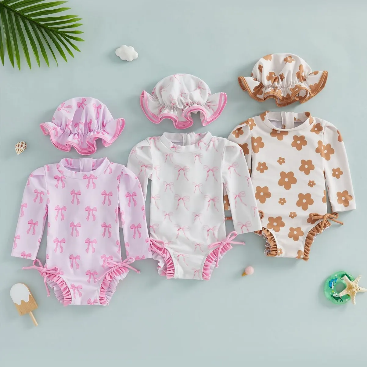 Summer Girls One-piece Swimsuit Kids Cute Bowknot Print Sun-protective Long Sleeve Quick-Dry Triangle Swimwear Baby Bathing Suit