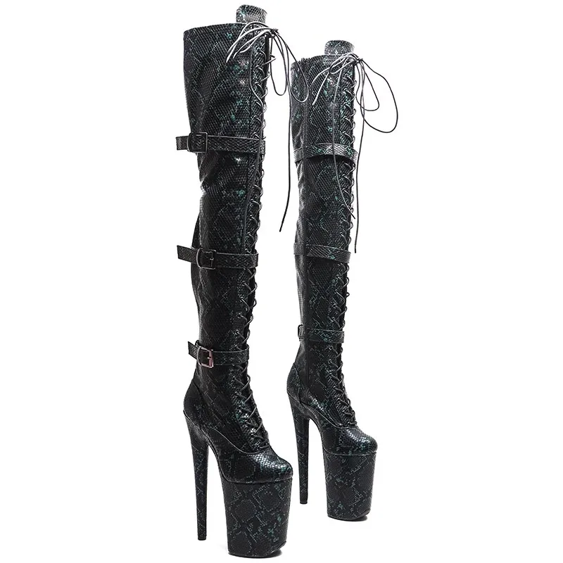 Botas modernas acima do joelho para mulheres, cobra PU, salto alto, plataforma, pole dance, moda, novo, 23cm, 9 polegadas