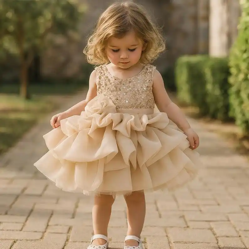 Flower Girls Dress Handmade Champagne Gold Sequin Tulle Dress: Flower Girl Outfit for Wedding Party