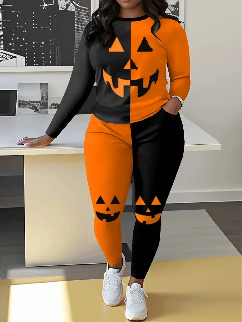 

Plus Size Casual Women's Clothing, Fashionable Pumpkin Print Contrasting Color Two-Piece Set, Halloween Women's Suit