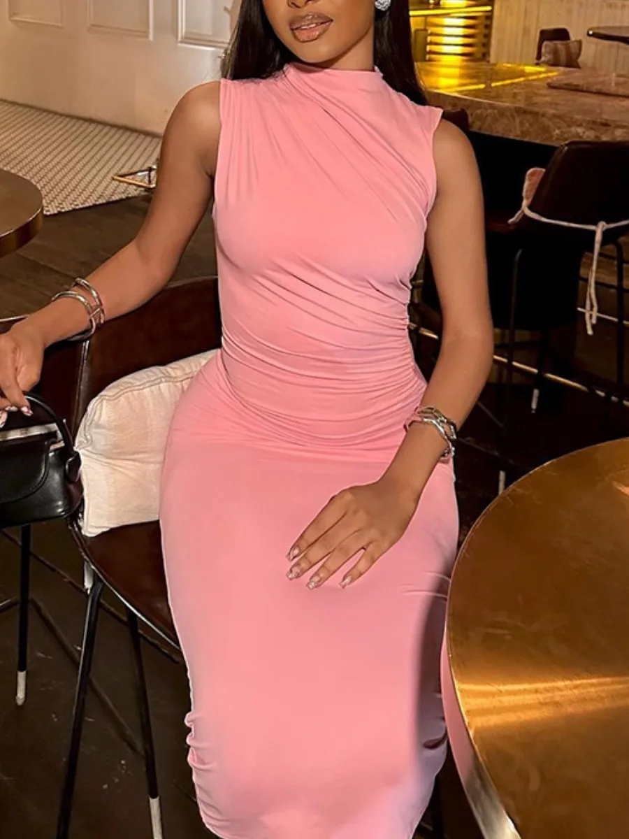 

LW Round Neck Ruched Bodycon Dress Women Spring Summer Elegant Solid Color Sleeveless Vests Mock Neck Midi Calf Dresses