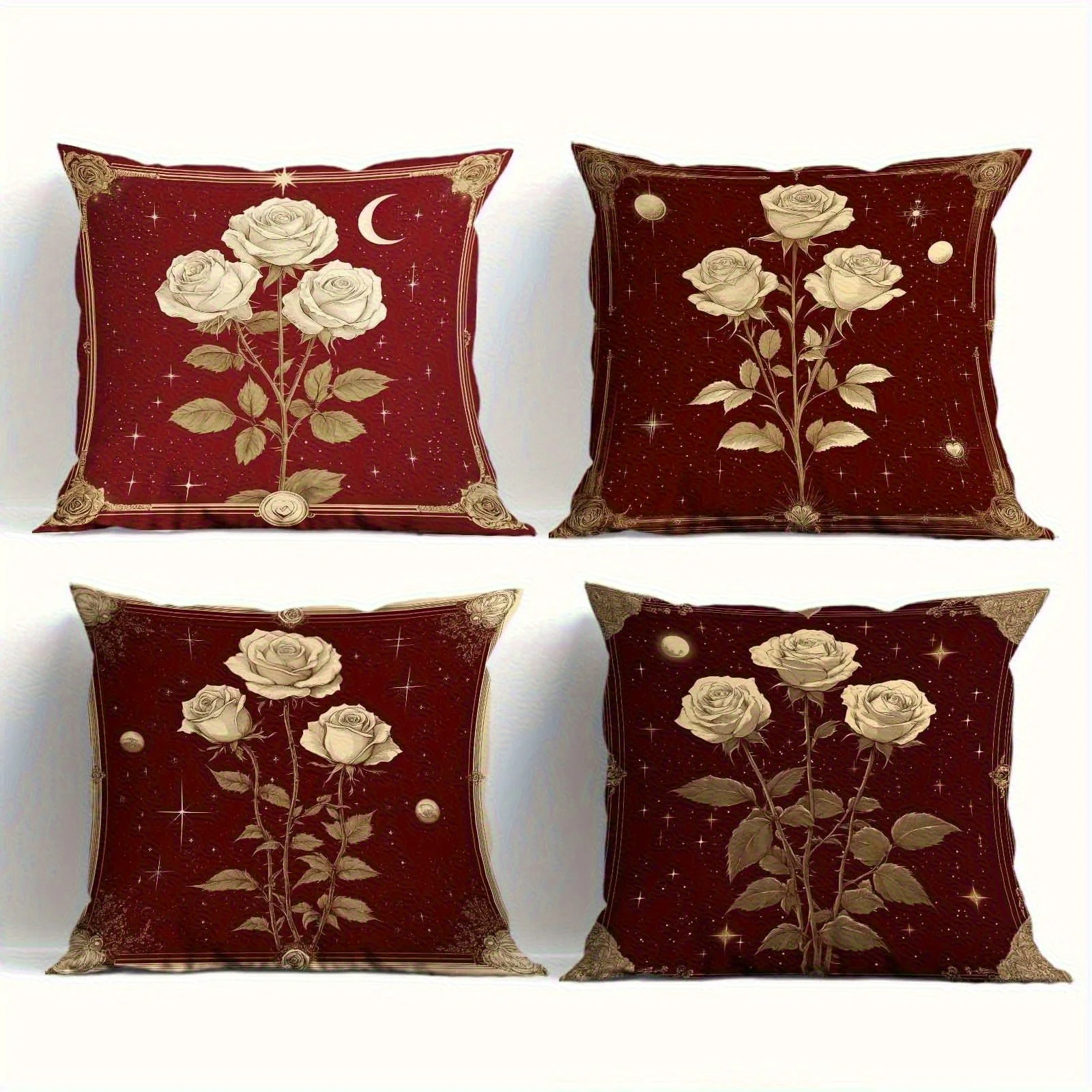 4PCS Red Rose Floral Pillow Covers Velvet Cushion Set Deep Burgundy Embroidery Starry Celestial Romance Home Decor Throw Pillow