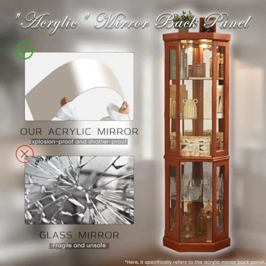 Corner curio cabinet for living room liquor storage: lighted glass display cage, 70 H, tempered glass doors, adjustable shelves view 5