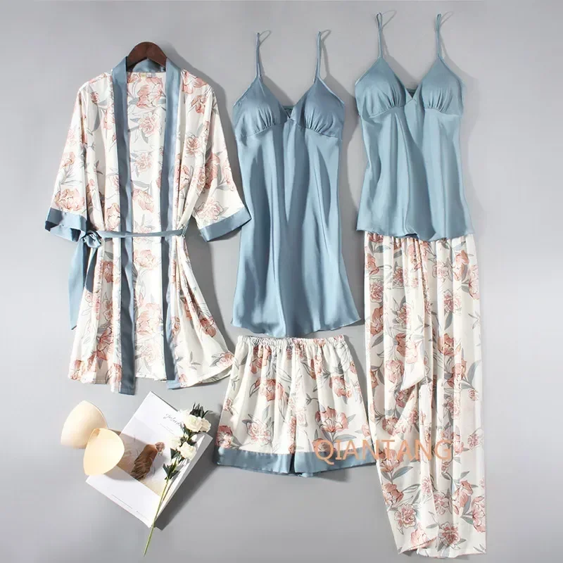 

Satin Wear Pajamas Casual Gown Soft Robe Lingerie Nightwear Women Pyjamas Set Lounge Suit Bathrobe V-neck Sleepwear