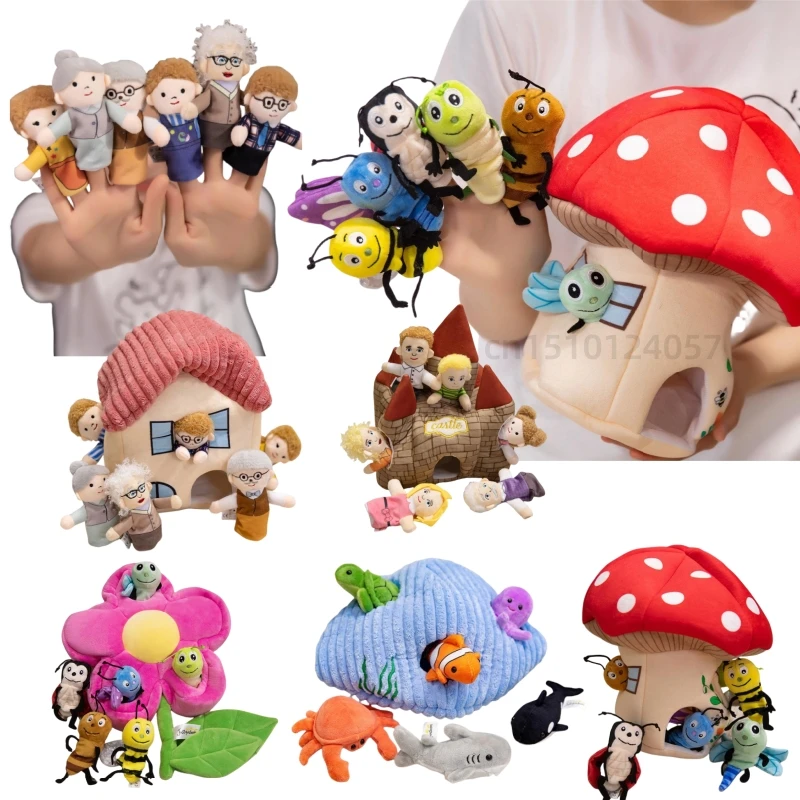 New Creative Finger Doll Set Shell House Mushroom castle Pink Flower Plush Toys Set of 6 finger Dolls Kids Birthday Gifts Decor