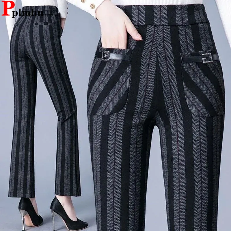 

Winter Warm Striped Skinny Pants Women Casual Elastic High Waist Plus Velvet Pantalones Korean Ankle Length Calcas Feminina 2024