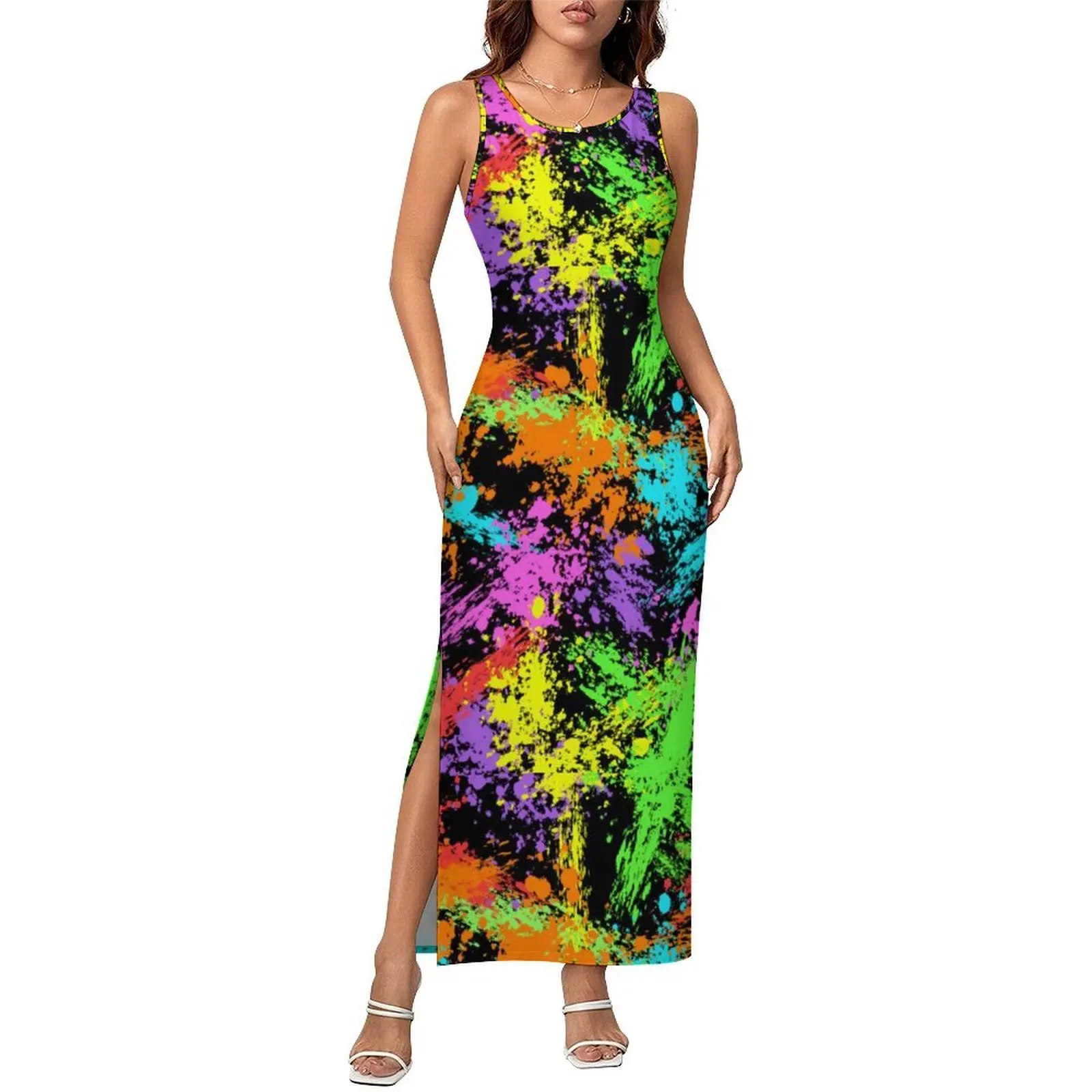 Retro Paint Splash Bodycon Dress Summer Colorful Print Retro Maxi Dresses Woman Sleeveless Pattern Street Style Dress Big Size