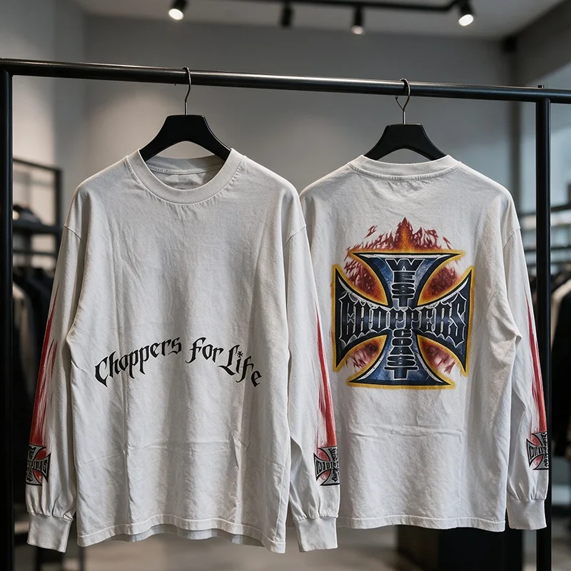 New West Coast Unisex Long Sleeve Western Cross Pattern Flame Border Dual Sleeve Matching Print Tee