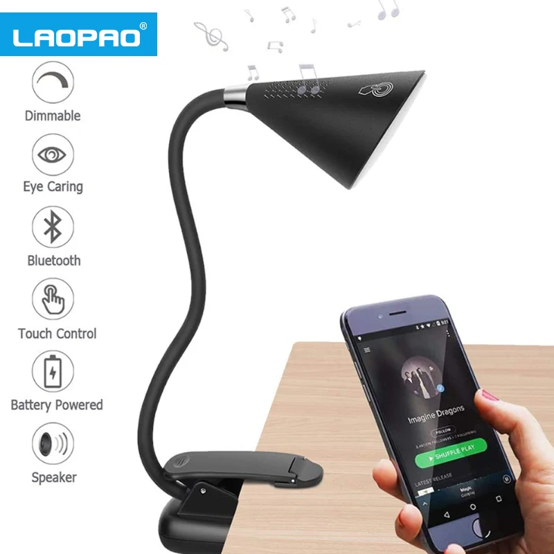 laopao led clipe flexivel lampada de mesa com alto falante bluetooth interruptor toque portatil para leitura stepless escurecimento brilho luz 01