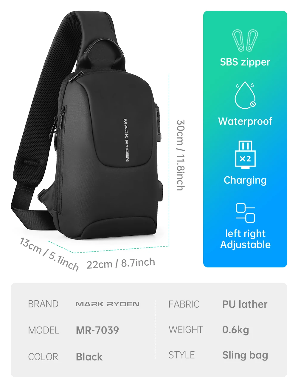 Mark Ryden shoulder bag with USB TSA customs lock mens crossbody bag chest bags for men chest bags mens shoulder bag crossbody