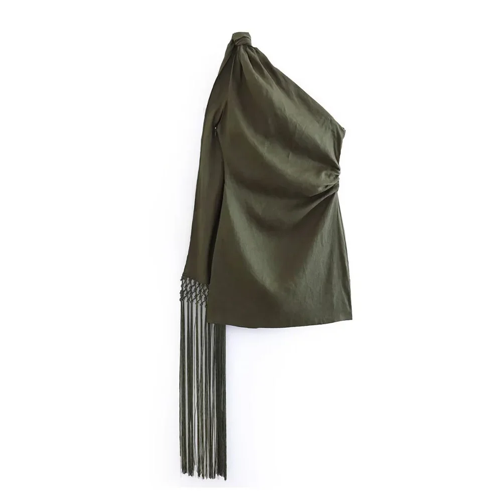 Willshela Women Fashion Army Green Pleated Lace Up Tank Tops Vintage Asymmetrical Neck Sleeveless Female Chic Lady Tops