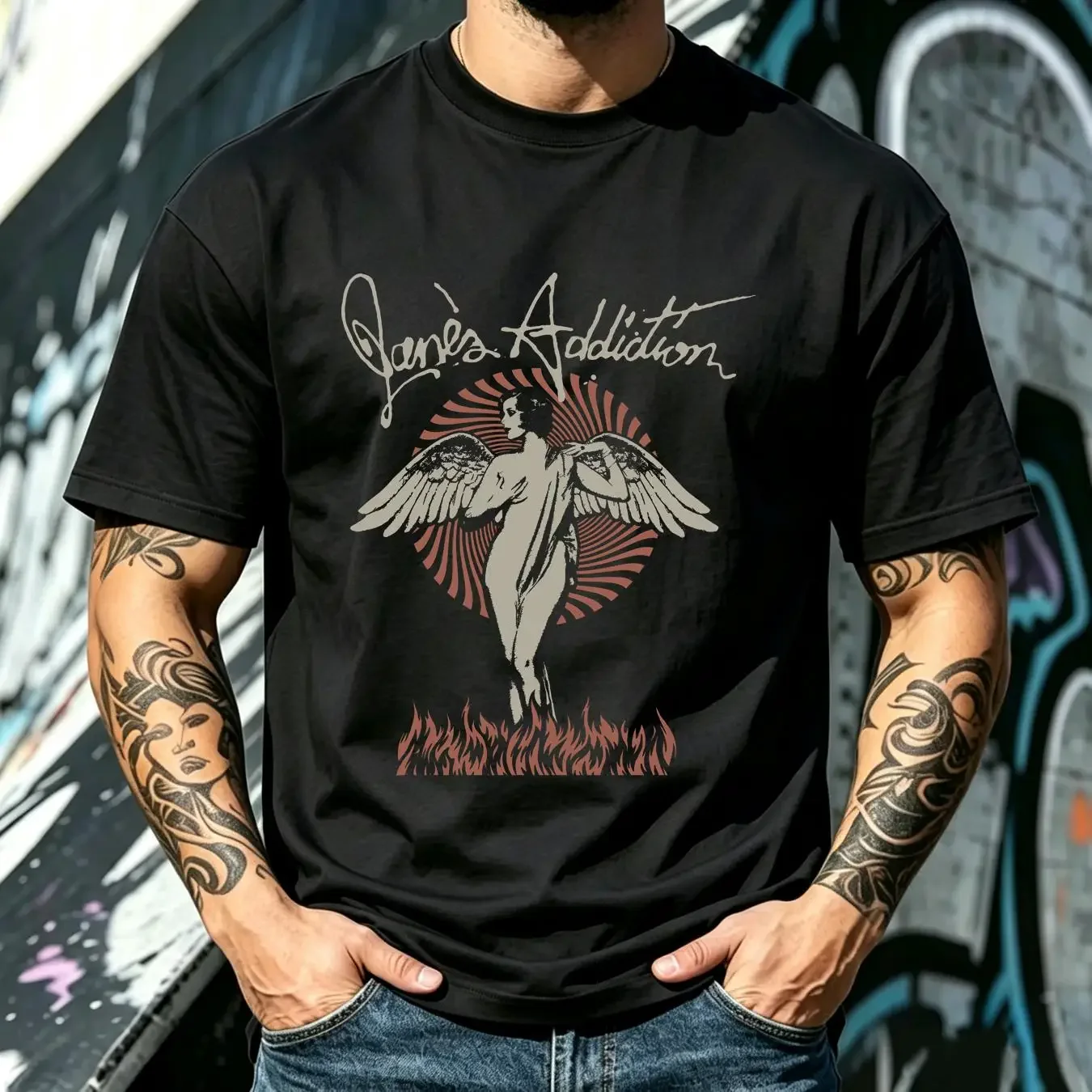 washed T Shirt JANE Addiction  Cotton Black  vintage Washed Stylish Stretched graphic fashion Slightly Soft