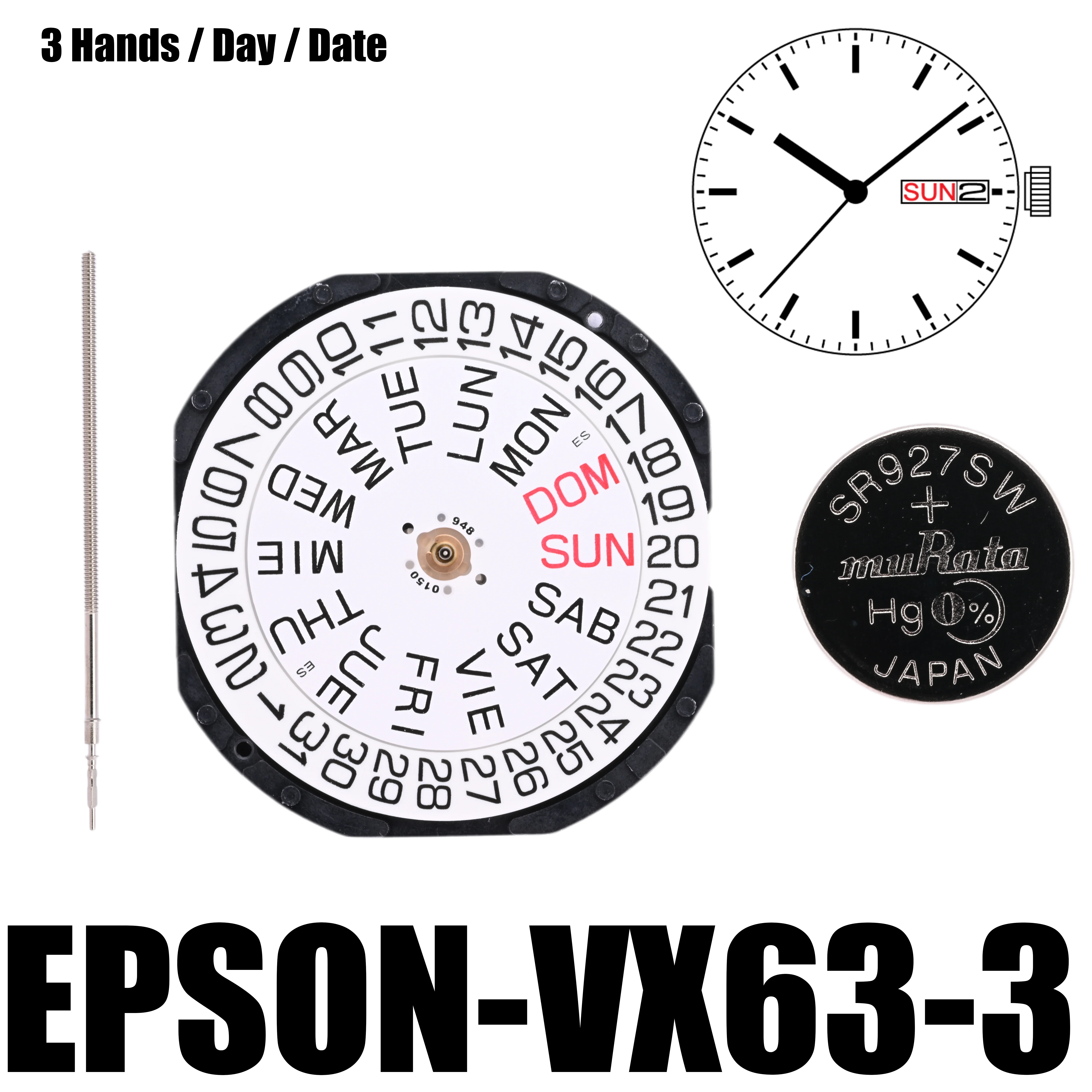 

VX63 Movement Epson VX63E Movement Japan Genuine VX Calendar Series Size:13 1/2''' 3 Hands/Day/Date display at 3:00