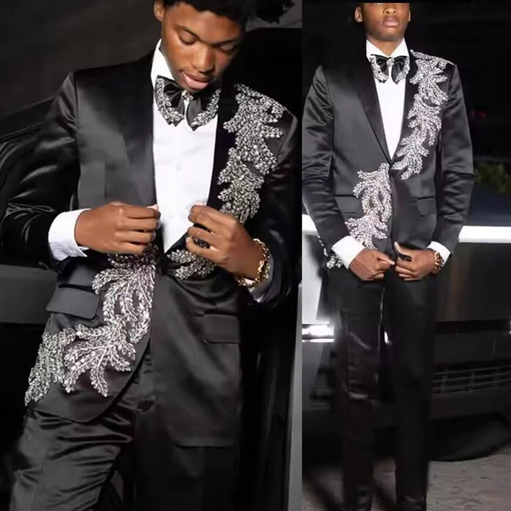 

Exclusive Suits Men For Wear Diamond Beaded Satin Jacket Pants 2 Pieces Customized Single Breasted Groom Wedding Tuxedo Attire