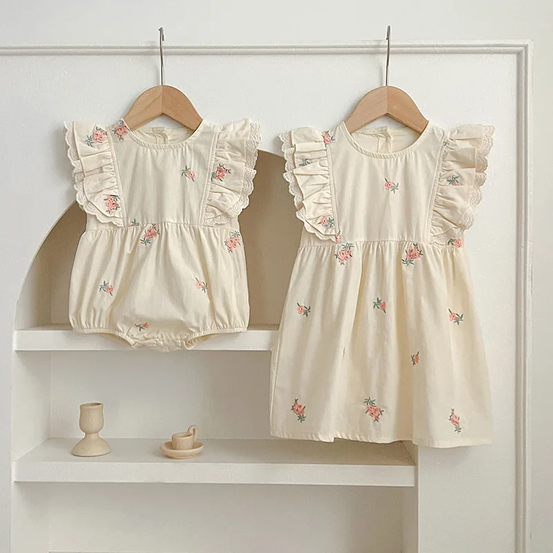 

0-7Yrs Toddler Sister Dress Newborn Girl Embroider Flower Romper Ruffle Sleeveless Jumpsuit Infant Spring Summer Baby Clothes