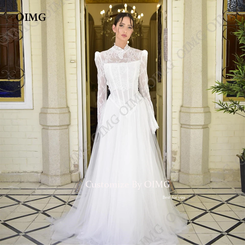 OIMG Customized Wedding Dresses with Corset Bride Luxury A Line Bridal Gowns 2024 Lace Long Sleeves Evening Dress for a Wedding