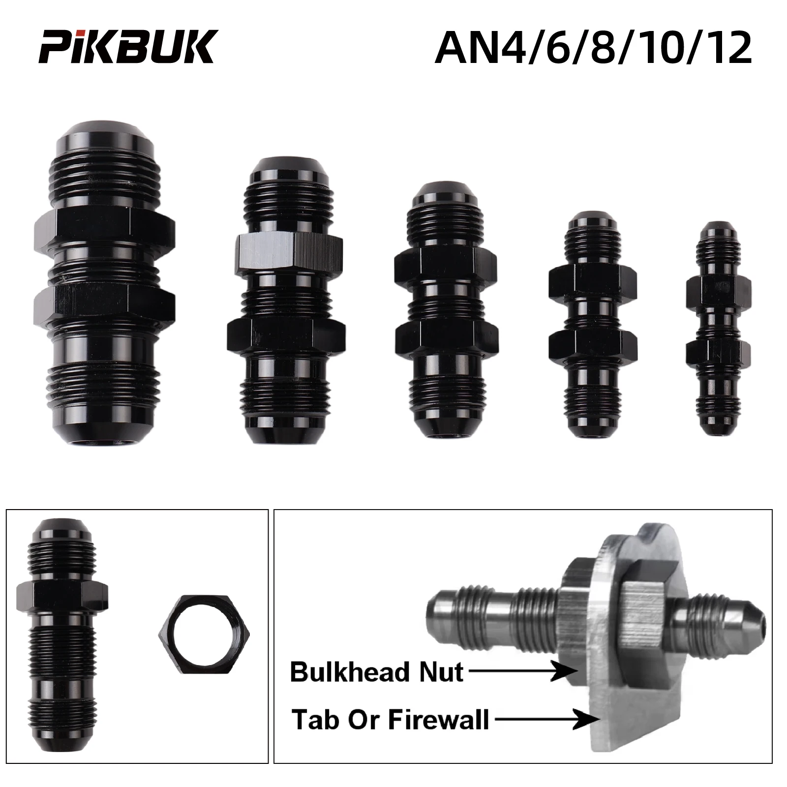 PIKBUK 1Pcs AN4 6 8 10 12 Male To AN4 6 8 10 12 Male Hose Fitting Bulkhead Nut For Tab or Wirewall Straight Degree
