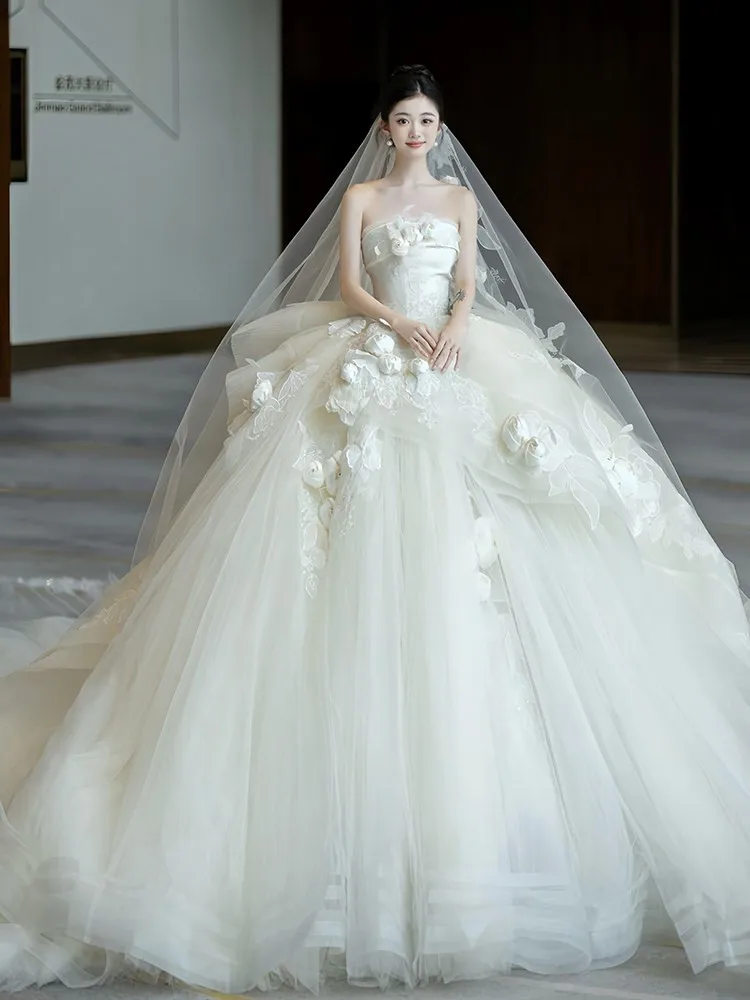 

A new strapless light luxurious and high-quality floral plus-size long main fabric dress