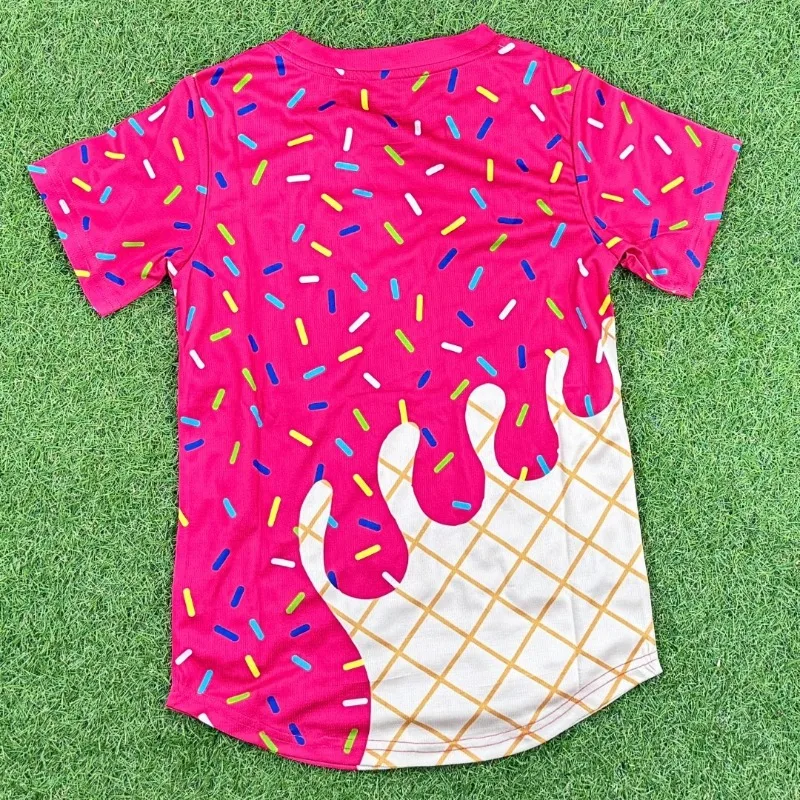 Fun Ice Cream Colored Candy Full Printed Short Sleeved Waffle Checkered Patchwork Personalized Trendy Casual Top