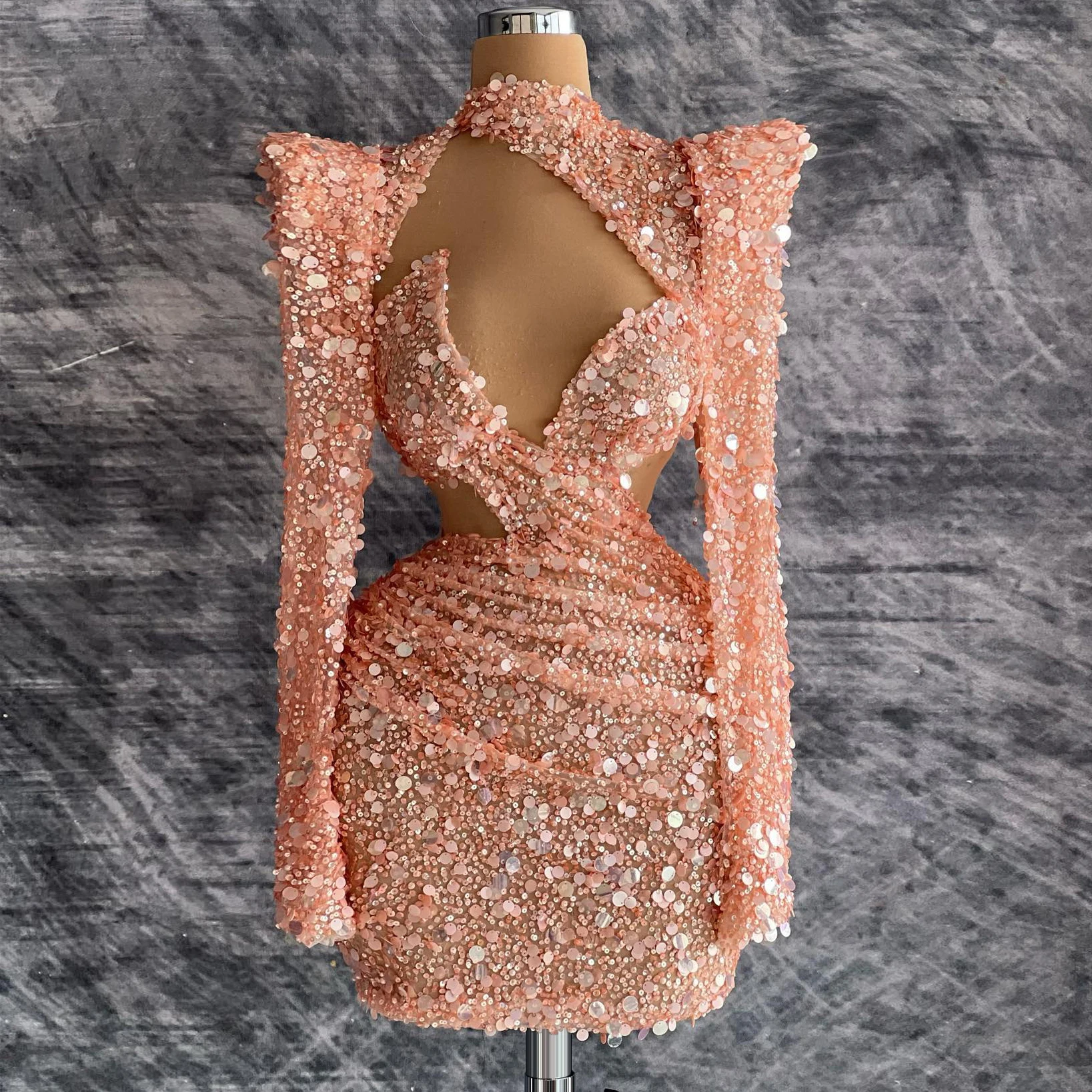 

New Short Evening Dress Sequin Mini Skirt Cutout Long Sleeve Grapefruit Pink Bodycon Skirt Cocktail Party Dress Party Dress