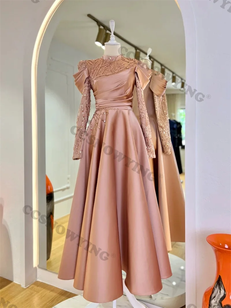 Gaun malam Muslim payet applique Satin gaun pesta Formal Islam lengan panjang gaun wanita leher tinggi jubah Arab De Soiree