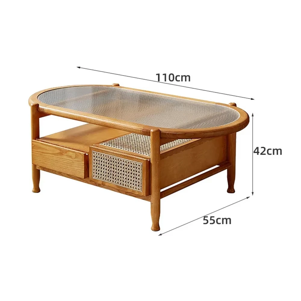 New Living Room Tea Table Oval Japanese Tea Table Household Mortise And Tenon Structure Ash Wood Rattan Woven Solid Safe Odor