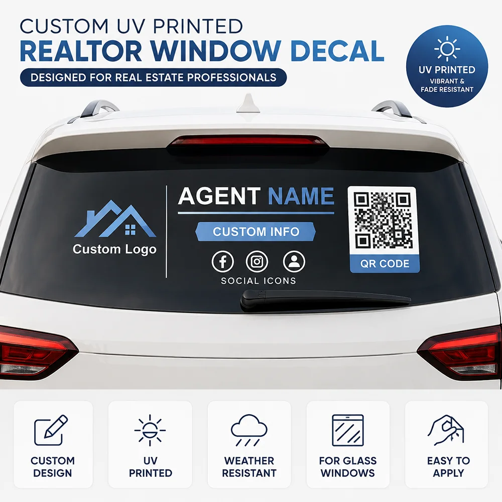 Custom UV Printed Realtor Car Window Sticker Real Estate Agent Logo QR Code Decal for Vehicle Glass Door