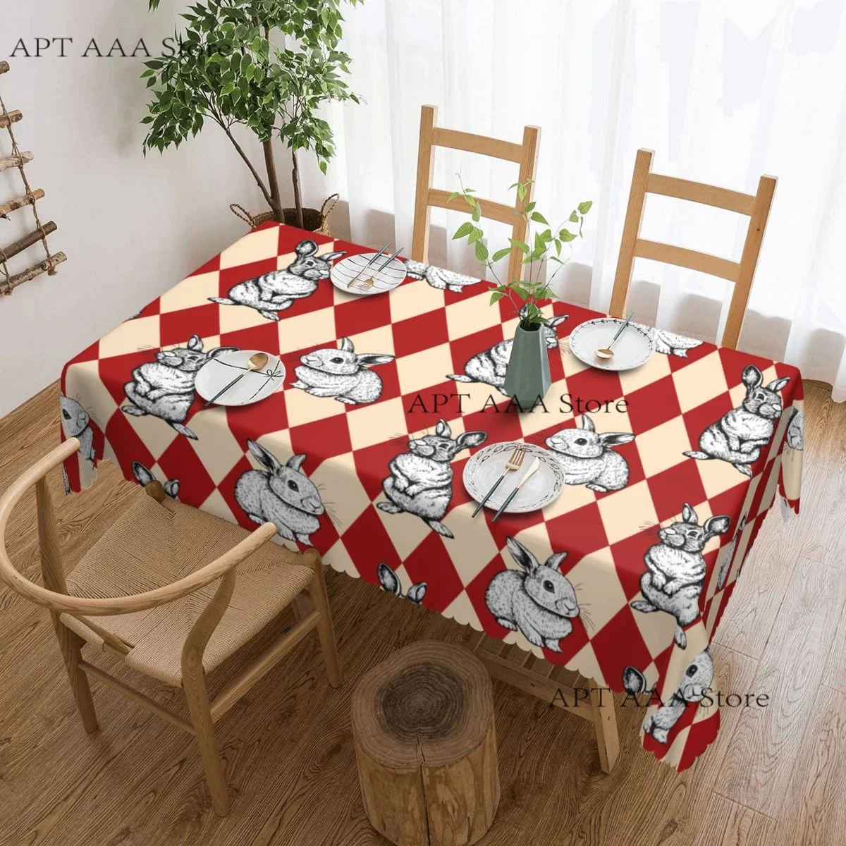 Rabbit Check Tablecloth Waterproof Vintage Textile Table Cover Cloth for Party 60 inches