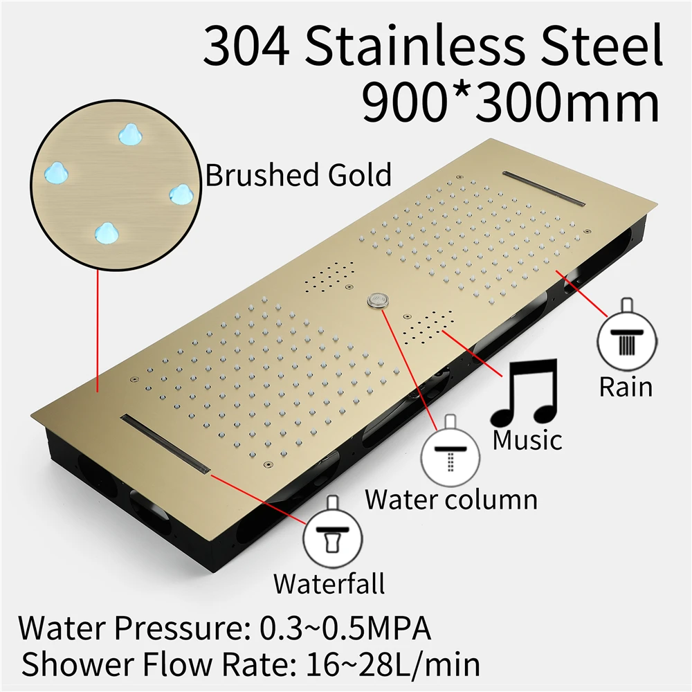 Torneira de Chuveiro para Banheiro com LED e Música, Cabeça de Chuveiro de 36*12 Polegadas com Display de Temperatura e Corpo Principal em Latão