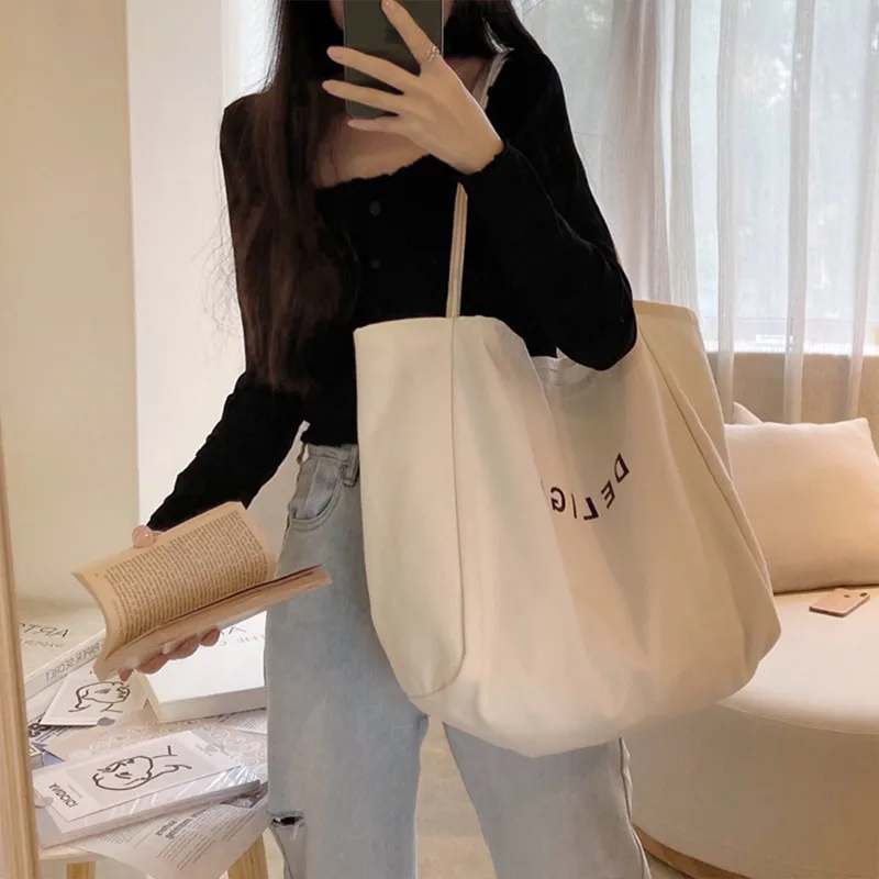 Large Capacity Cotton Reusable Shopping Bag Women Canvas Shoulder Bag DELIGH Print Solid Color Causal Handbag Tote Bag Beach Bag