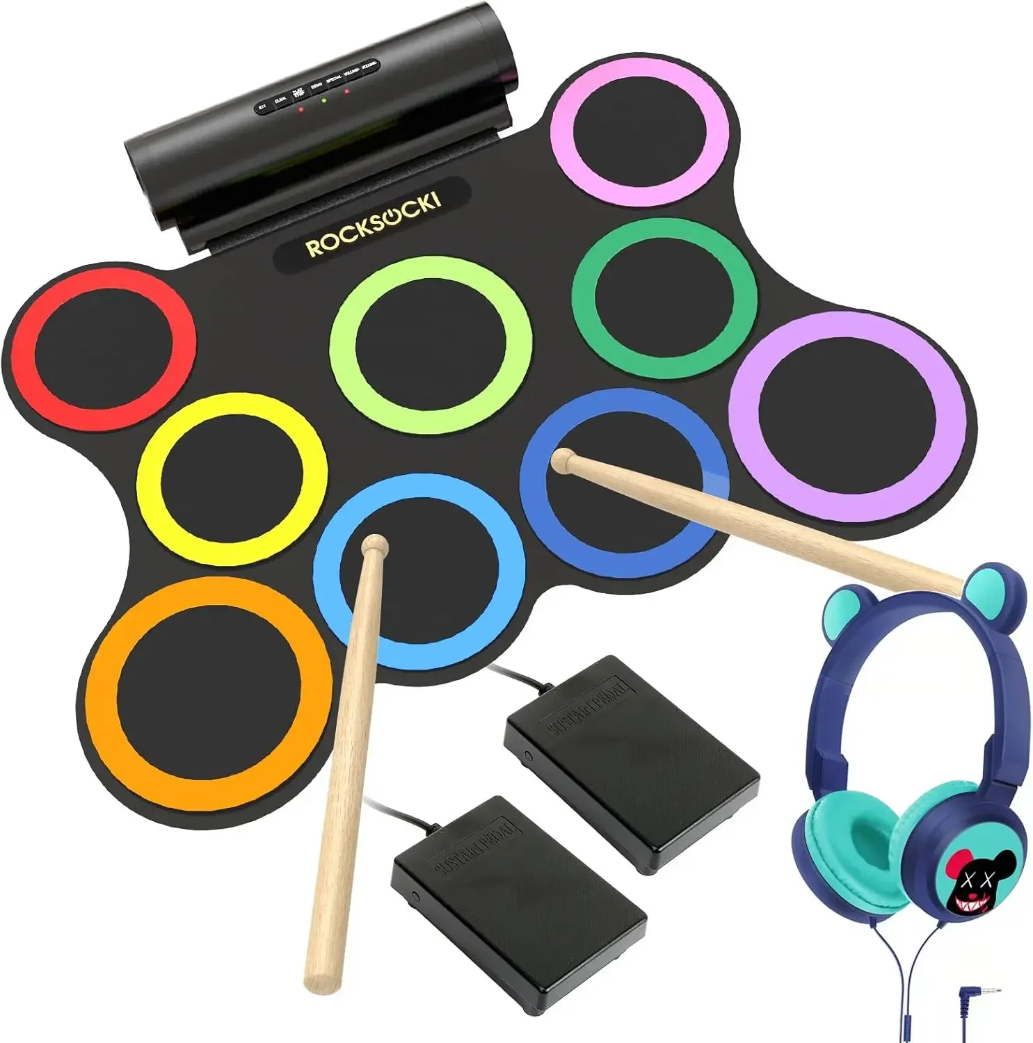 Drum Set 9-Pad With Headphone, Bigger Roll-up Drum Pad USB MIDI Game, Built-in Speaker, Drum Sticks, Foot Pedals 10 Hou