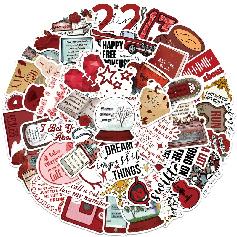 10/30/50Pcs Aesthetic Cartoon Famous Singer Taylor Red Album Lyric Sticker For Laptop Water Bottle Luggage Notebook Vinyl Decals