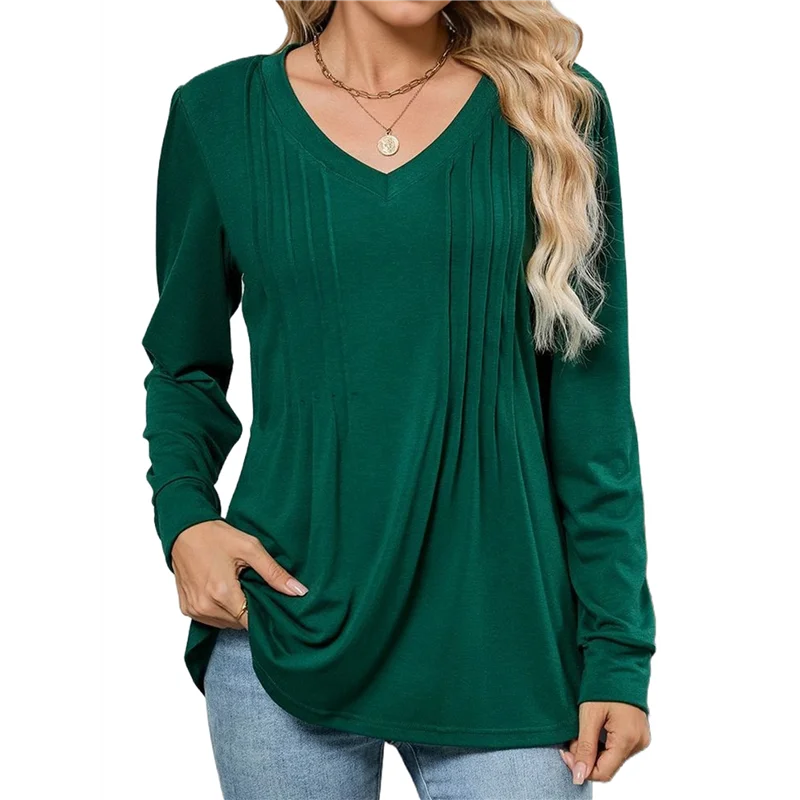 CYL-المرأة نفخة قمصان طويلة الأكمام مطوي الخامس الرقبة الخريف تونك القمم بلوزة متأنق عادية فضفاض الصيف تي شيرت