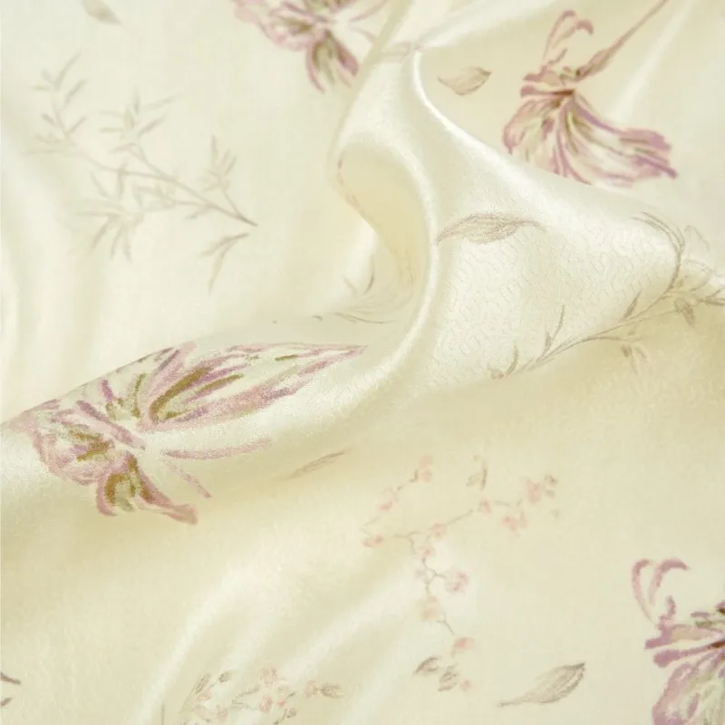 Mumi beige silk and wool printed gauze fabric designed by the Spring Autumn designer for cheongsam clothing