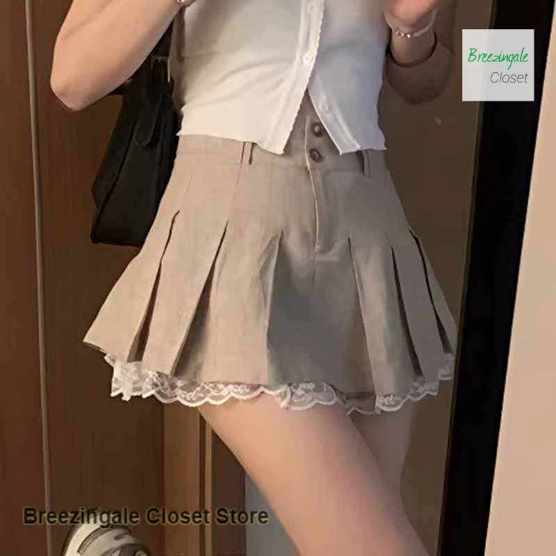Korean lace stitching spice girls pleated skirt women's spring and summer high waist slim thin anti-exposure casual skirt.
