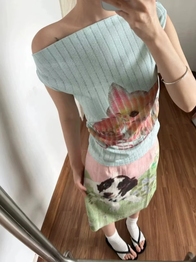 Y2K Women Outfit Cute Cat Dog Floral Printing Pattern Women's Skirt Summer Fashionable Aesthetics Kawaii Matching Midi Skirt