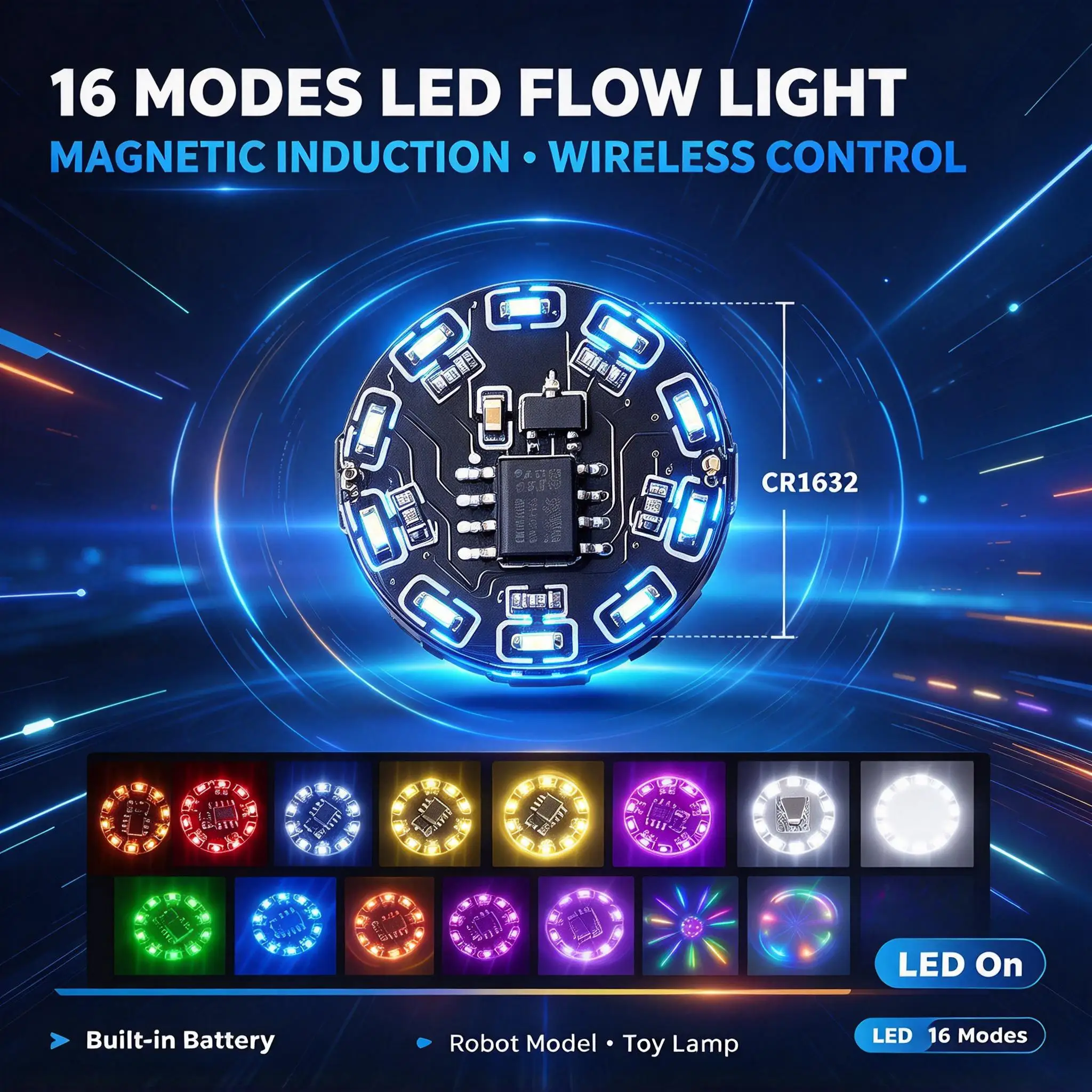 DYKB 16 Modes LED Magnetic Control Light Wireless Flow Lamp Magnetic Induction Switch for DIY Toy Robot Model CR1632 Battery